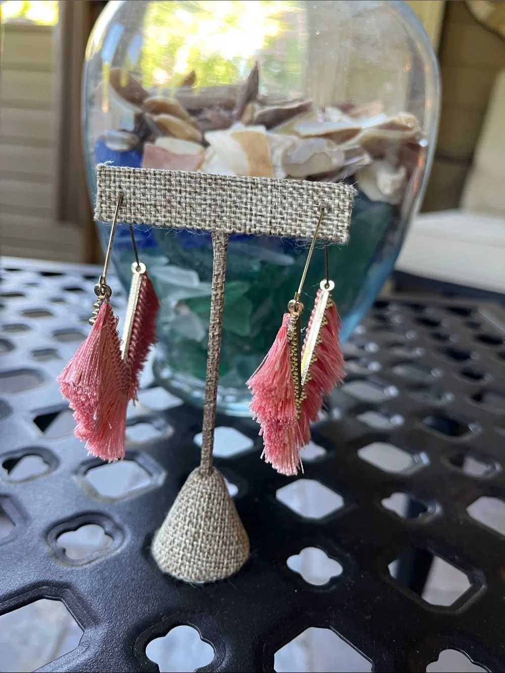 Pink Tassel Fringe Drop Earrings, pierced